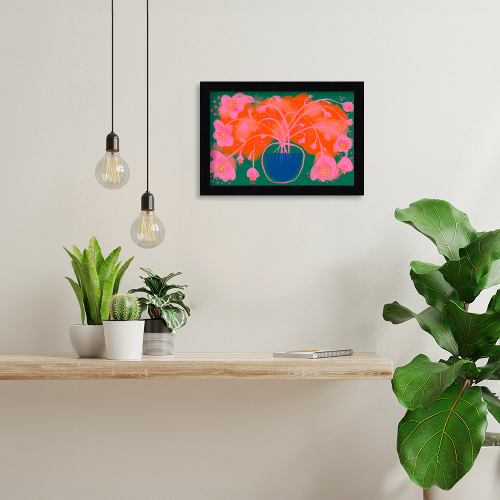 Galya "Pink Flower Bouquet" Print, Black, 9" H x 13" W