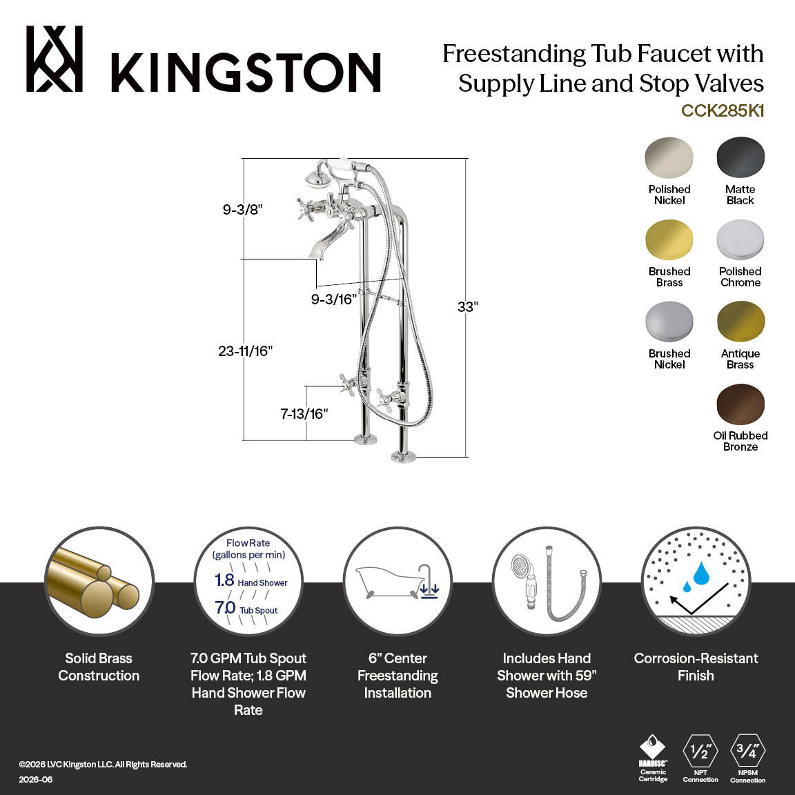 Kingston Brass Kingston Three-Handle 2-Hole Freestanding Tub Faucet with Supply Line and Stop Valve, Vintage Brass