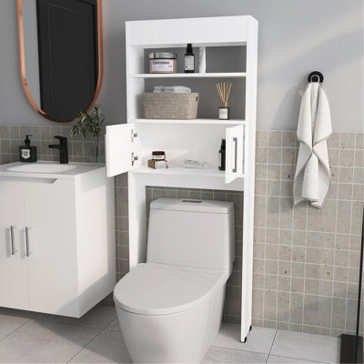 2-Door White Bathroom Storage Cabinet With Open Shelves, Freestanding For Toilet Needs, Organize Supplies Effectively, 63 Inches In Height Crisp Over - Appropriate Object Organization, Make Use Of