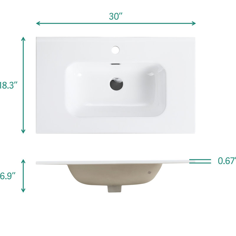 Lavabo intégré en céramique blanche Bb09-30-311, finition brillante, conception élégante, nettoyage et entretien rapides, rebord arrondi, profondeur de 29,76 po, largeur de 17,82 po, hauteur de 7 po, poids de 30,54 lb, matériau,