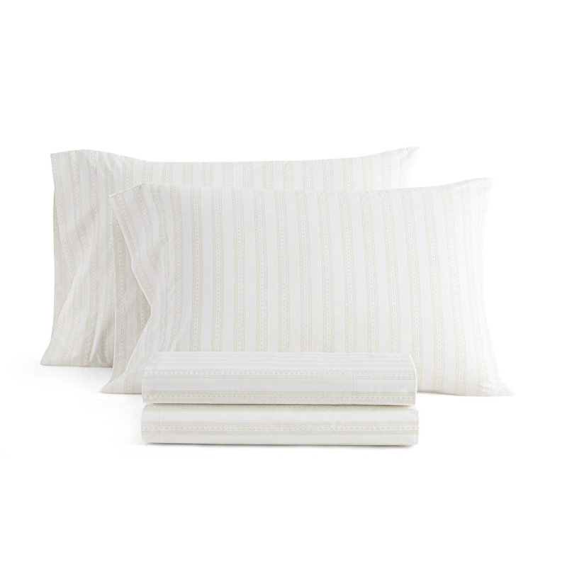 Martha Stewart Cotton Percale  Sheet Set, Full Sheet Set with 2 Pillowcases, Francesca Stripe Beige