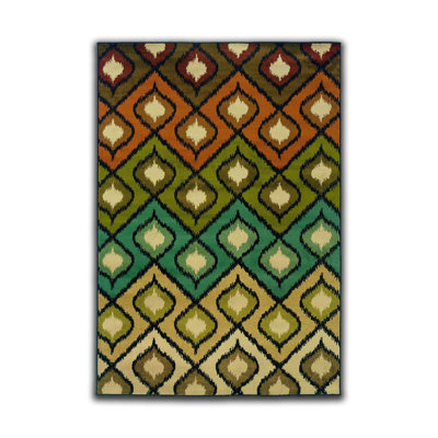 Ethnic Black Tan Green Geometric Printed Woven Base Washable Rug