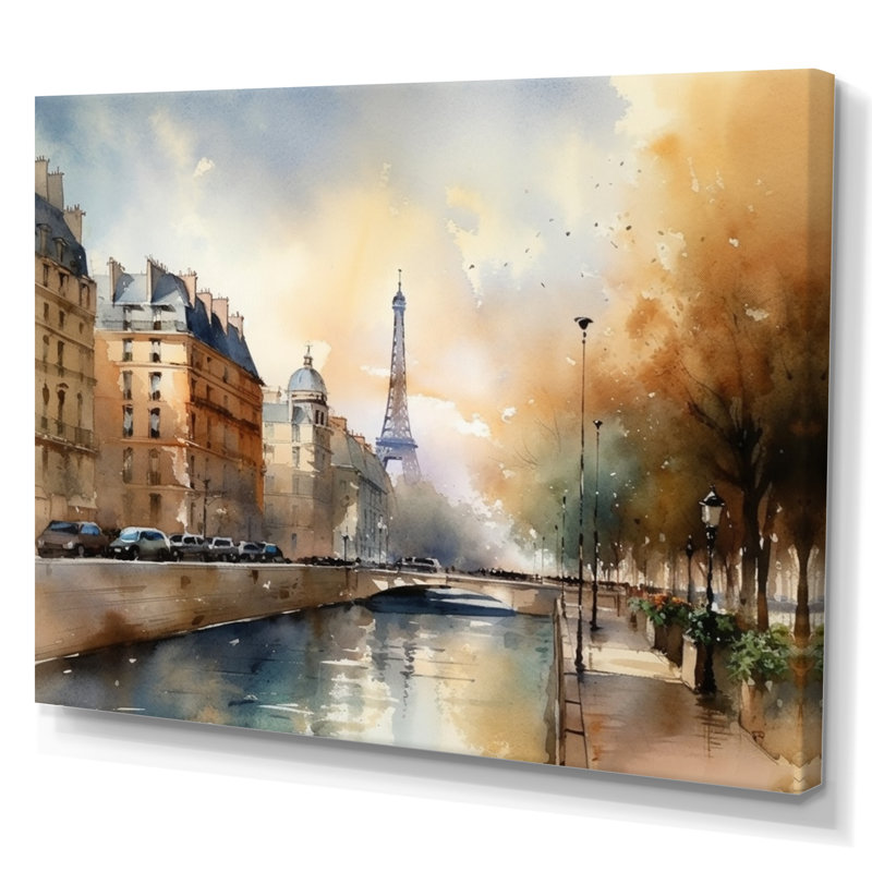 «Beautiful Pastel Paris Scenery», art mural sur toile Paris, H 24 po x l 32 po x P 1 po, Toile tendue
