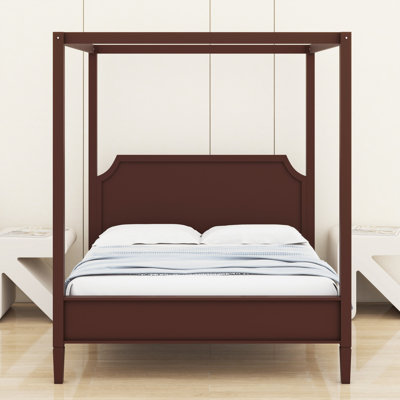 Traditional Wooden Canopy Platform Bed with Decor Headboard and Robust Support Legs