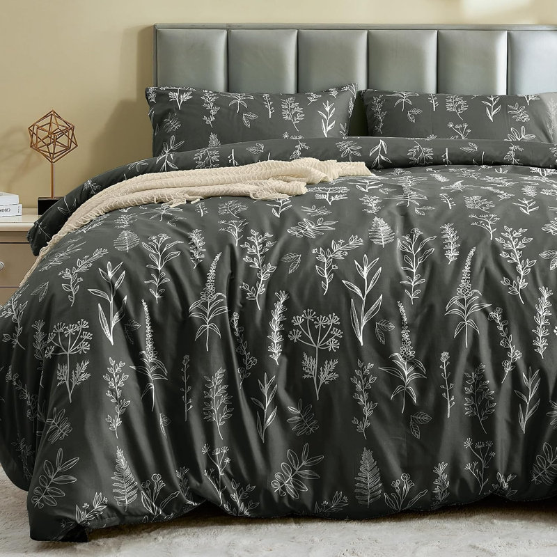Ensemble de housse de couette réversible à motif floral Queen 3 pièces, literie en microfibre douce 90" x 90", Dark Gray