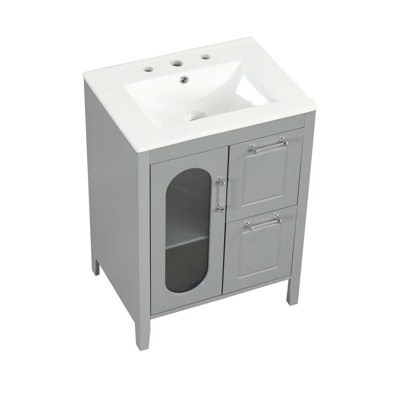 Meuble-lavabo 24 po avec lavabo, meuble-lavabo avec 2 tiroirs et porte, tablette réglable, Gris