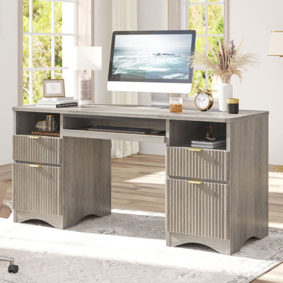 Luing 59" W Fluted Executive Desk with Keyboard Tray and File Drawers 