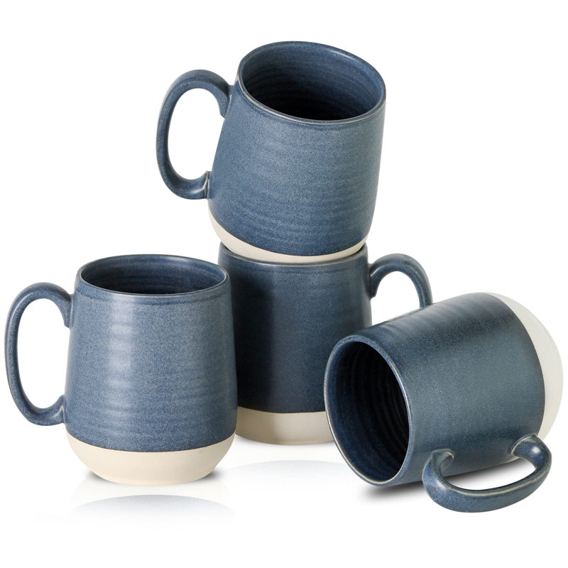 Dark Blue Ceramic Large Coffee Mugs Set with White Bottom