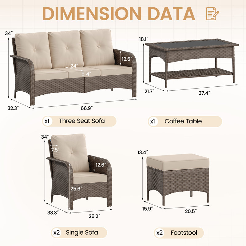 Ensemble de conversation de patio 6 pièces, ensemble de meubles de patio en osier toutes saisons avec cadre en acier, repose-pieds multi-usage et table basse de rangement pour la cour, le porche, le jardin