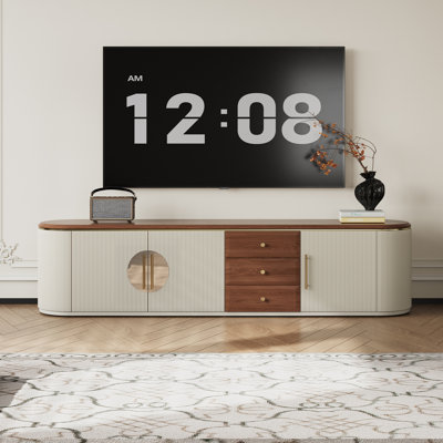 Meuble télé 79 po avec 3 tiroirs et 6 tablettes, brun et beige, avec rangement de grande capacité, pouvant accueillir un téléviseur de 85 po ou moins
