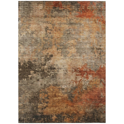 9' X 12' Khaki Brown And Copper Abstract Washable Indoor Outdoor Area Rug
