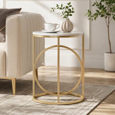 20” Round End Table for Living Room, Modern Marble Side Table with Gold Metal Frame, White and Gold Accent Table, 26-Inch Tall Narrow Nightstand for Bedroom