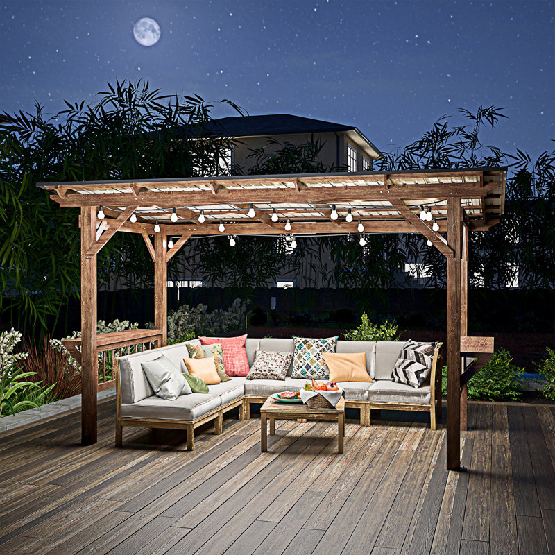 Pavillon de jardin en bois avec toit en métal et ampoules et comptoirs de bar