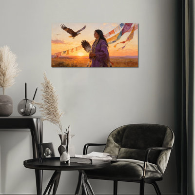 Timuba Native American Canvas Painting - Serene Indian Picture Artwork for Wall Decor, Sunset Spiritual Design Native American Wall Art - Wrapped Canvas, 20×40 inches