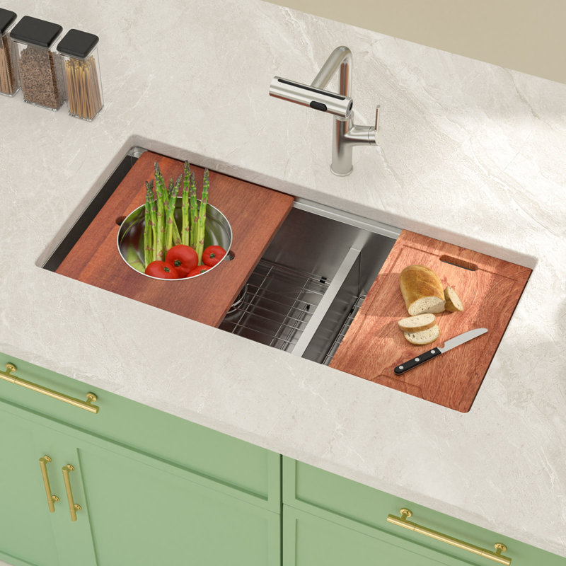 Évier de cuisine encastrable en acier inoxydable avec cuve à mélanger et planche à découper L 39 po x l 19 po, évier double 60/40 avec accessoires