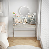 Makeup Vanity With Round Mirror, Mirror With Led Light, And Built-In Charging Station