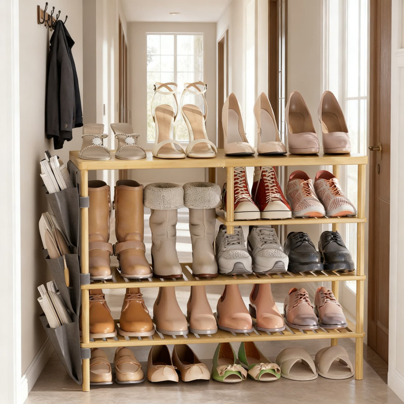 Étagère à chaussures à 4 niveaux en bambou et organisateur, étagère à chaussures autoportante avec poches amovibles, peut contenir 20 à 24 paires pour le vestibule, le placard, la chambre à coucher, le dortoir