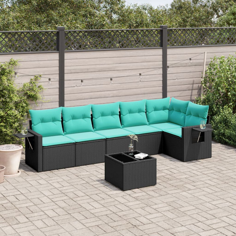  Ensemble de canapé de patio 7 pièces avec coussins en rotin de polyester noir