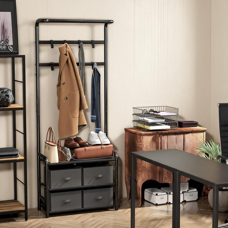 Simple Black Metal Floor-Standing Coat Rack With Built-In Shelves And Hooks; Suitable For Use In Hallways, Bedrooms, And Offices; Can Store Clothes And Bags.
