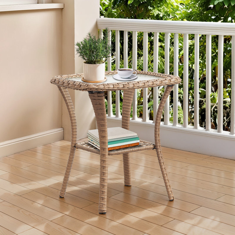 Table de bout d'extérieur en osier avec plateau en verre trempé et rangement Deeominia, Brun