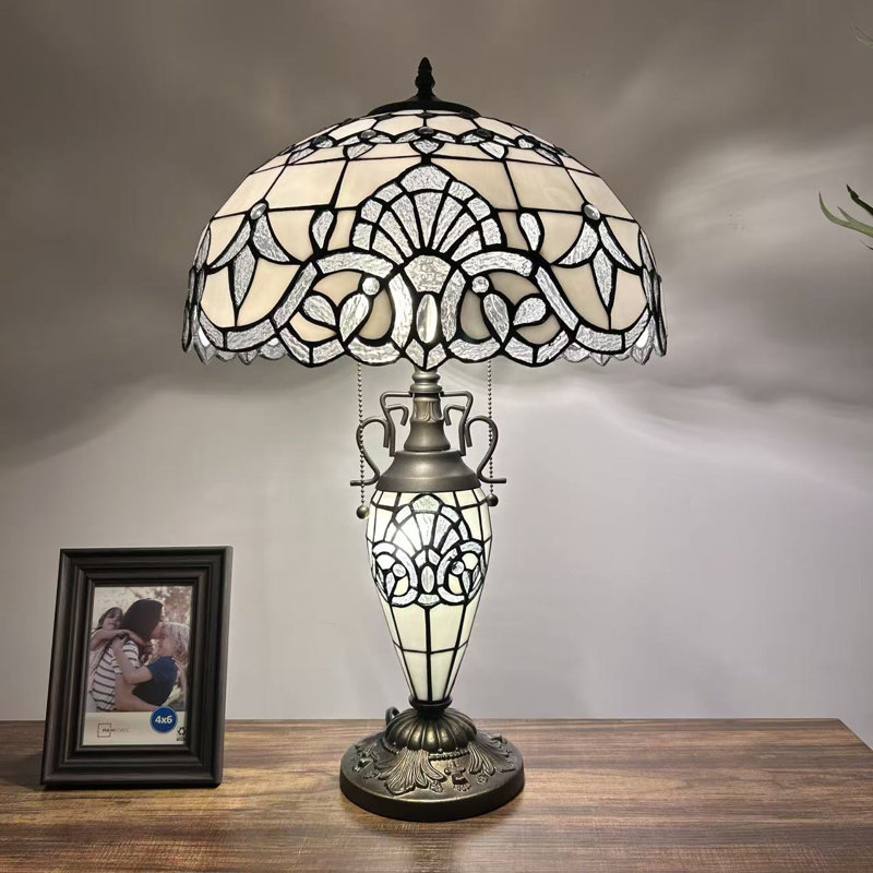 Simonson Tiffany Table Lamp Stained Glass Shade And Base Baroque Style Lavender LED Bulbs , White, 24" H x 16" W x 16" D