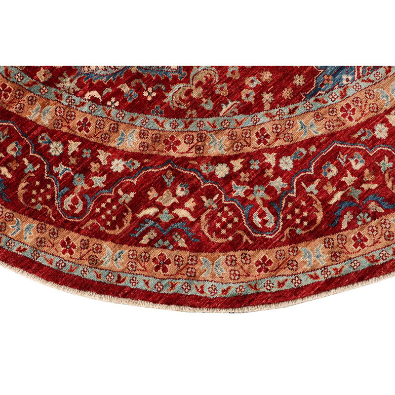 Tapis rond en laine noué à la main de conception unique de 9 pi en rouge / pêche / bleu