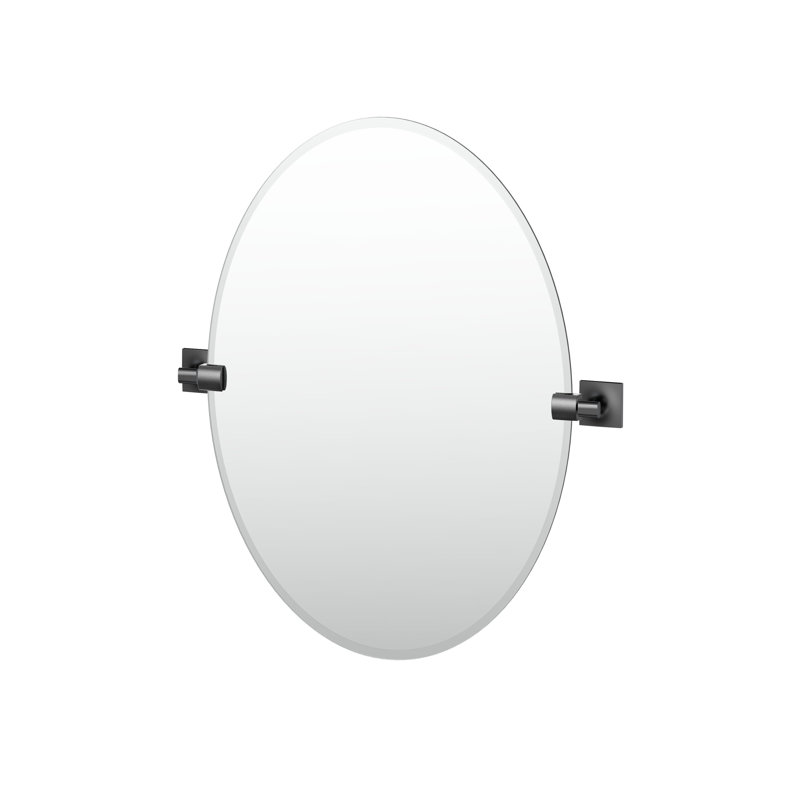 Miroir de salle de bain ovale sans cadre Waterline | Miroir mural pivotant et biseauté, Noir mat, 26,5 po x 23,5 po