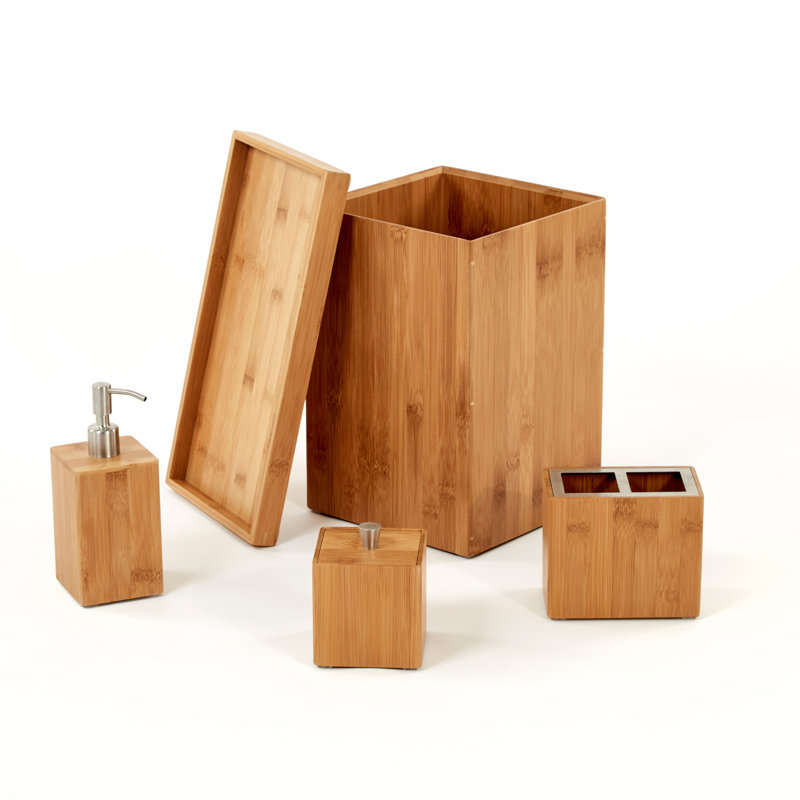 Rustic Bamboo and Stainless Steel 5-Piece Bathroom Set