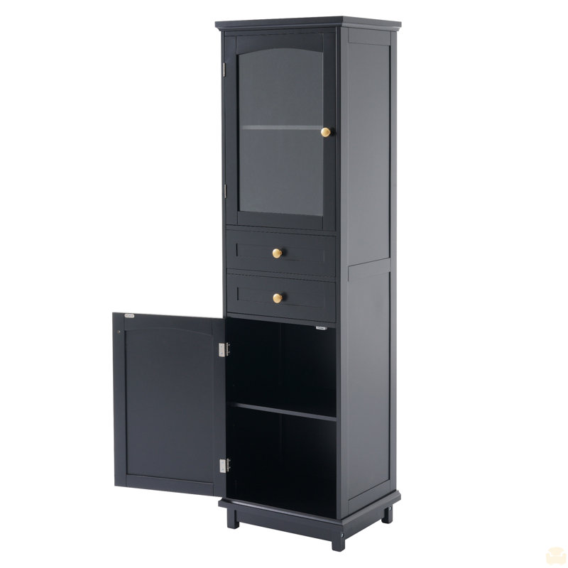 Armoire de rangement de 63 po de hauteur avec portes en verre, deux tiroirs et tablettes réglables
