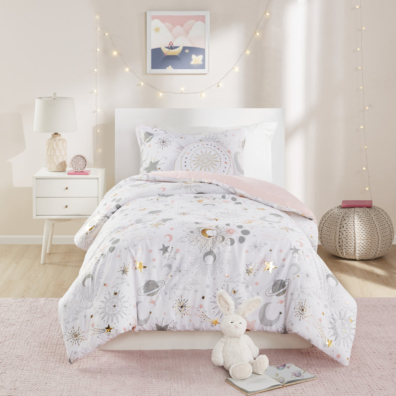 Ensemble d'édredon Celia Starry Sky, Édredon simple, 1 taie décorative, et 1 coussin , Blanc / Gris