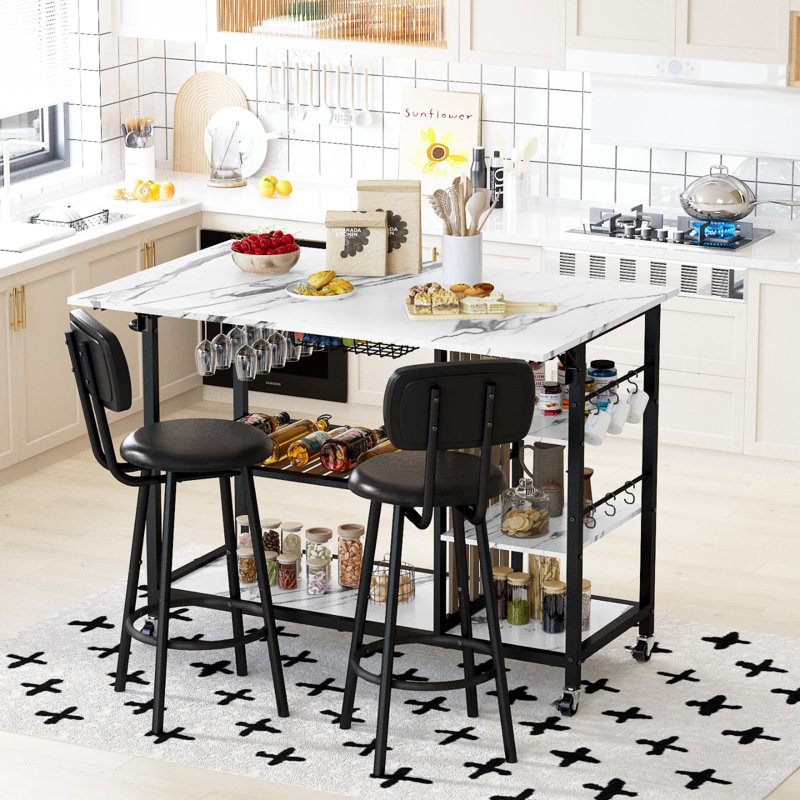Ensemble de table de salle à manger 3 pièces pour coin-repas de cuisine, ensemble de table de bar avec rangement et tablettes à vin, avec table en faux marbre à hauteur de comptoir et 2 tabourets, table de bar et chaises peu encombrantes pour la salle
