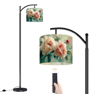  Arc Floor Lamp Soft Pastel Peonies Blossoms Floral Green Leaves Tall Modern Standing Lamp LED Adjustable Linen Lampshade 3 Color Temperatures
