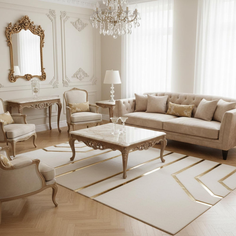 White And Gold Plush Rug, Modern Geometric Line Area Rug, Soft Faux Fur Carpet, Rectangle 8'10" x 12'