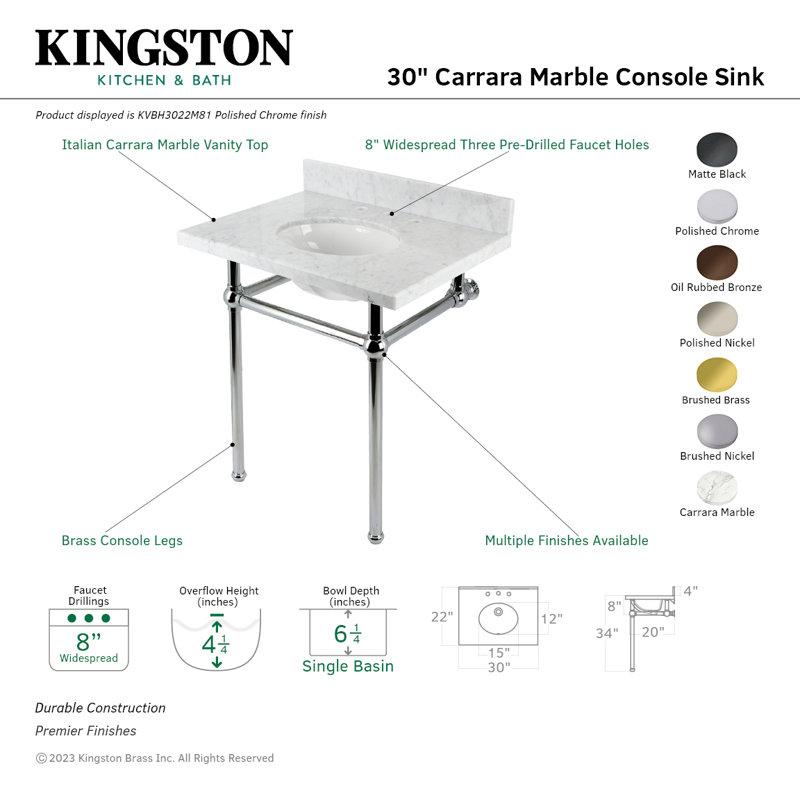 Kingston Brass Templeton 30-Inch Carrara Marble Console Sink with Brass Legs (8-Inch, 3-Hole), Marble White/Polished Nickel