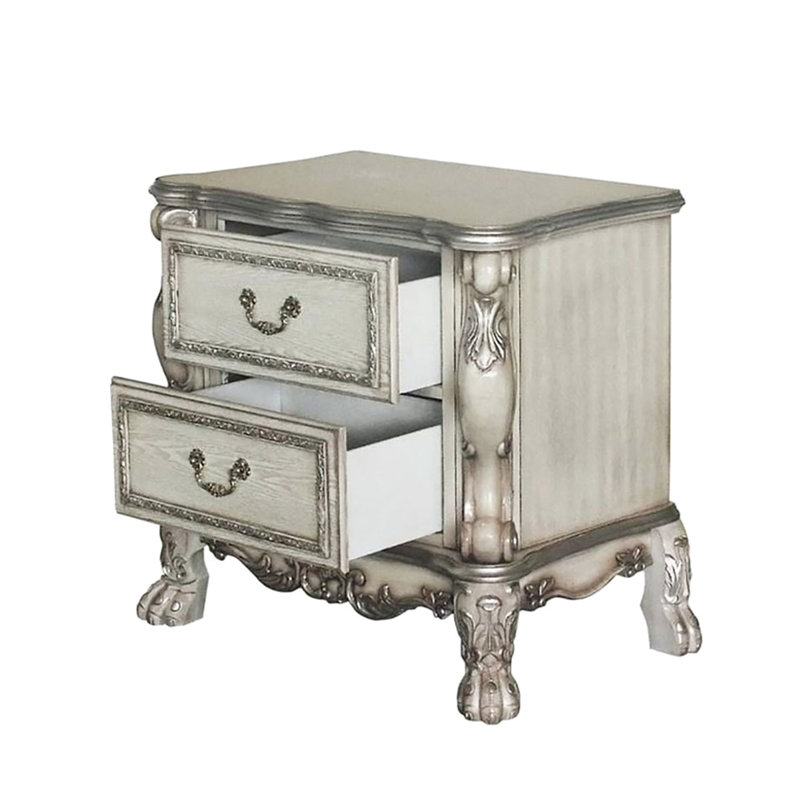 Table de chevet rétro en bois massif blanc os - 2 tiroirs avec espace de rangement pour la chambre à coucher