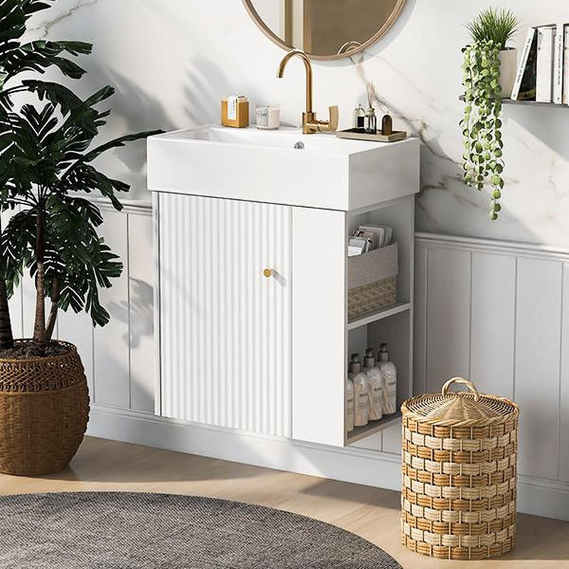Meuble-lavabo flottant moderne de 21,6 po avec lavabo en céramique - parfait pour les petites salles de bain, rangement à droite