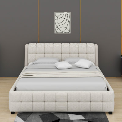 Lit plateforme tapissier avec tête et pied de lit épais, structure de lit tapissier avec motif