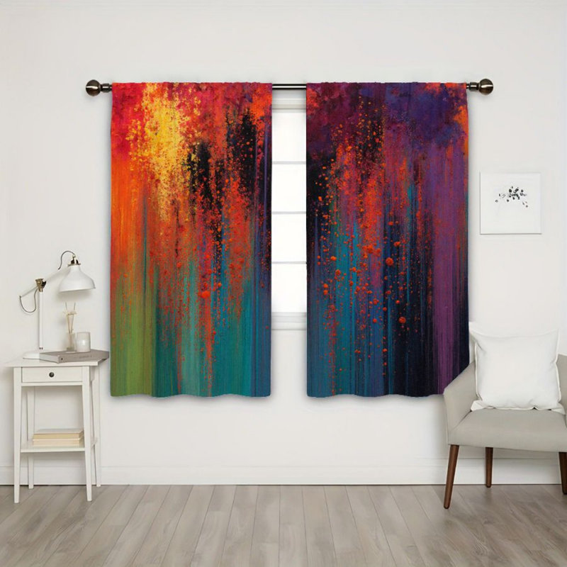 2Pcs Abstract Rainbow Splash Paint Curtains, Rod Pocket Sun Blocking, Modern Style, All-Season For Living Room Bedroom Study Window Decor