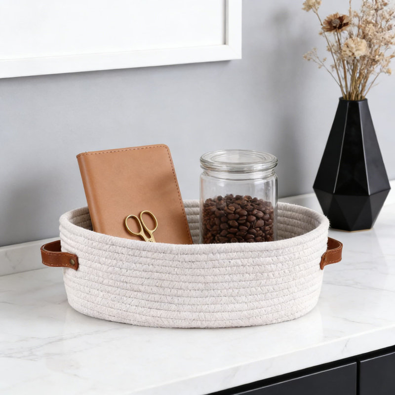 Cotton Rope Woven Storage Basket With Handles, 2-Pack Foldable Decorative Basket For Bathroom, Living Room, And Bedroom Organization