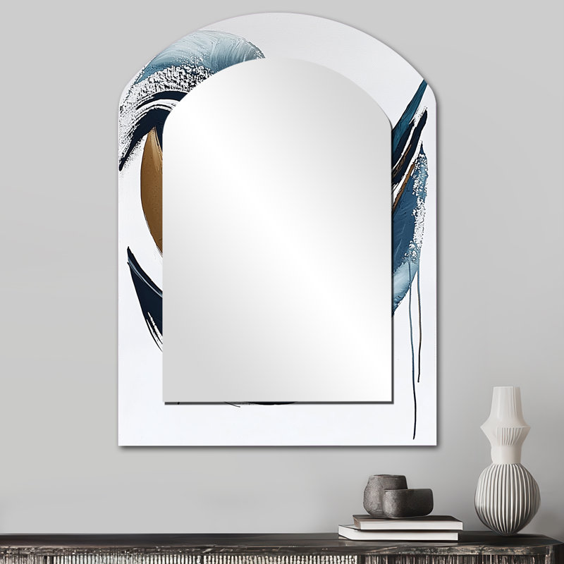 White And Blue Folk Fruit Abstract III - Abstract Asymmetrical Wall Mirror, Blue Arch Decorative Mirror, Printed Metal Art