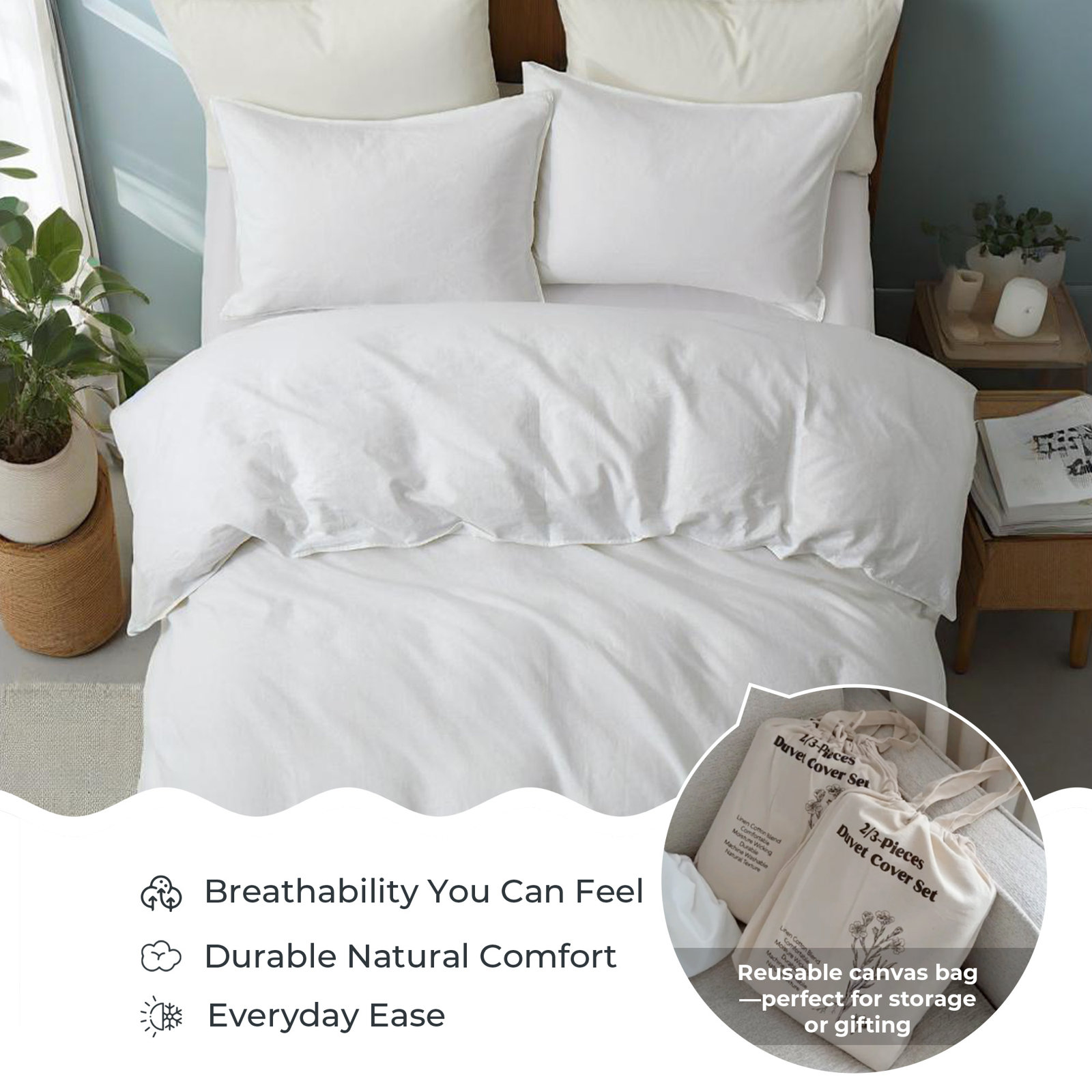 Boseman Linen Duvet Cover Set, King Duvet Cover + 2 King Pillowcases, White