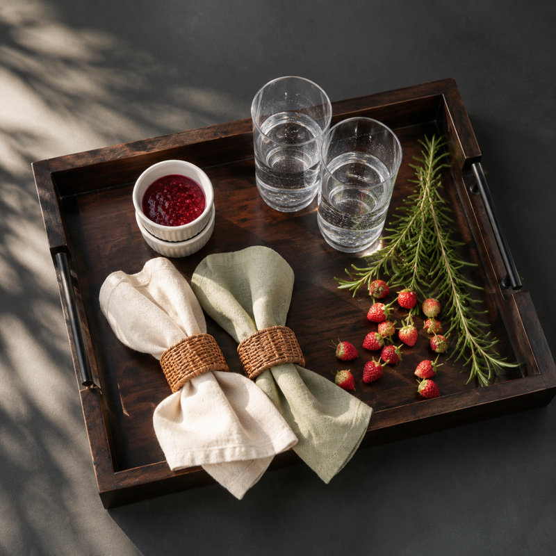 Wood Decorative Serving Tray with Metal Handles, Walnut