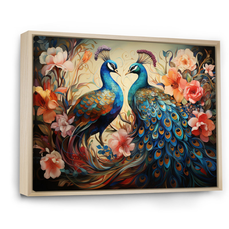 «Blue Coral Indian Art Dancing Peacocks I», art mural indien, H 16 po x l 32 po x P 1 po, Cadre flottant érable