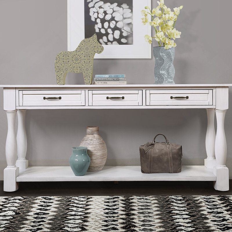 Console de 63 po de long en bois avec 3 tiroirs et 1 tablette inférieure pour le vestibule, Blanc antique