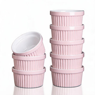 Enjyam Set of 8 Porcelain Ramekins 8oz – Stackable Oven Safe Souffle Dishes & Baking Bowls for Creme Brulee, Appetizers, Dips, Sauces – Classic Pink & White Dessert Cup (white inside and pink outside)