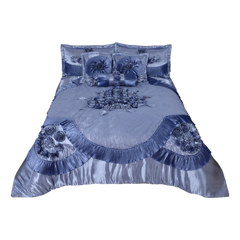 Satin Sateen Floral Comforter, Queen Comforter + 5 Additional Pieces, Blue