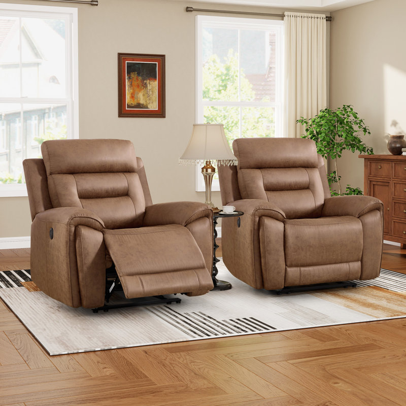 40.9” Wide Modern Faux Leather Electric Standard Recliner With USB & Type-C Ports (Set Of 2), Brown