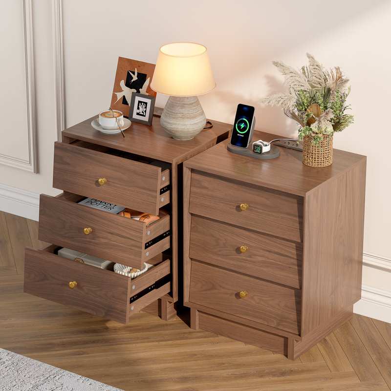 3 Drawers Nightstands Set With Charging Station, Mid Century Modern Bedside Table For Bedroom, 19'' Wide Wooden End Tables, Walnut (Set of 2)