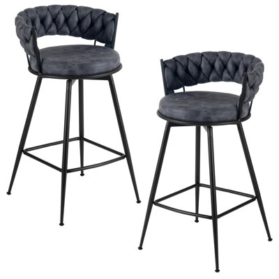 Modern Dark Gray Suede Fabric Upholstered Bar Stool With Woven Look Backrest & Fixed Black Metal Frame Stable Counter Height Stool For Kitchen Breakfast Bar Or Cafe, Set Of 2
