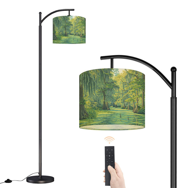 Arc Floor Lamp with Adjustable Lampshade Swamp Scenic Lake Standing Lamp 3 Color Temperatures Dimmable Tall Pole Lamp with Foot Switch for Bedroom